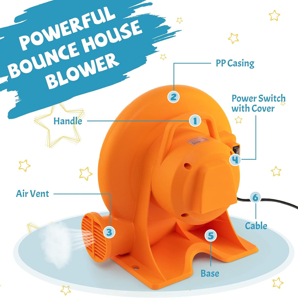 750W air blower with PP casing, power switch cover, and 25ft cable, ideal for inflatables and outdoor use.