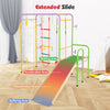 Extended slide of a multicolor metal indoor jungle gym with climbing features, designed for safe play and motor skill.