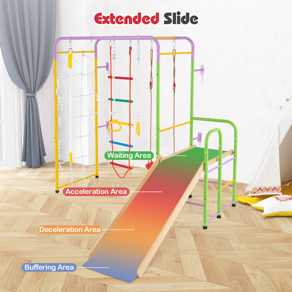 Extended slide of a multicolor metal indoor jungle gym with climbing features, designed for safe play and motor skill.