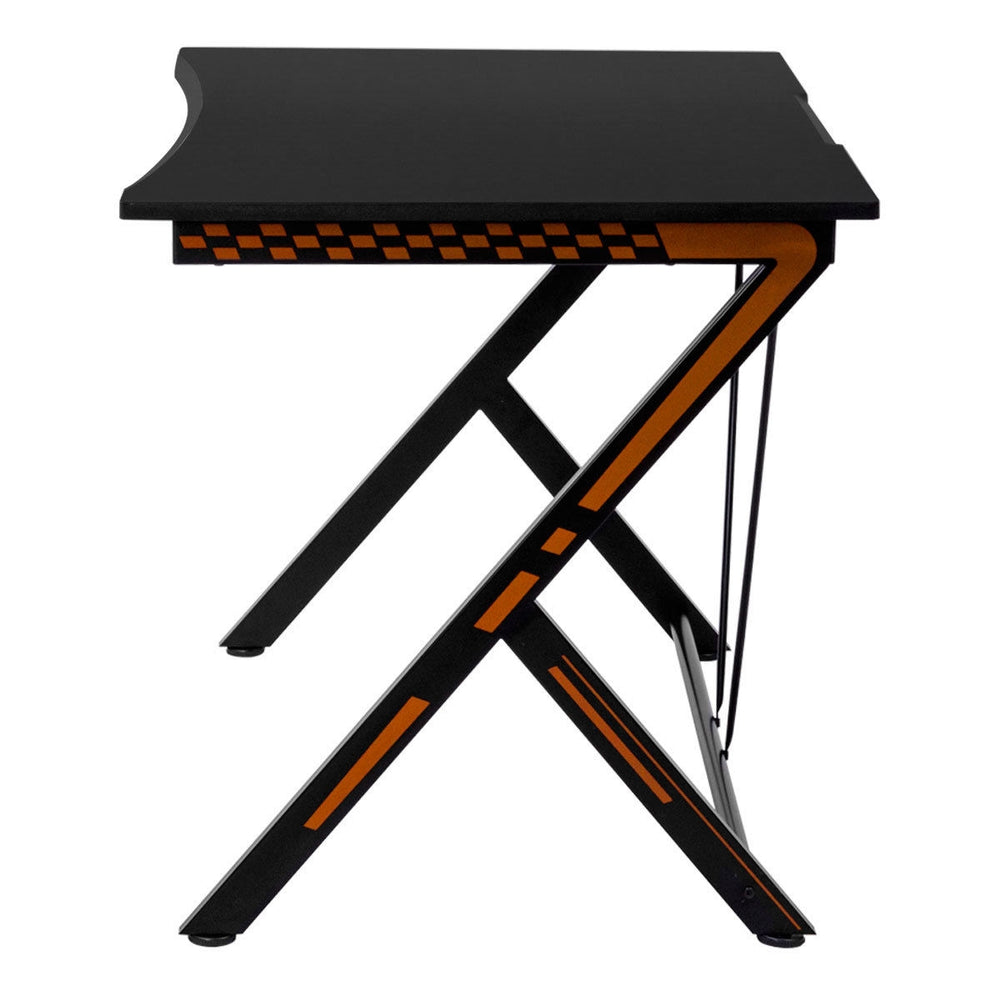 Modern ergonomic study computer desk in black and orange, featuring a large surface for monitors and laptops, ideal for.