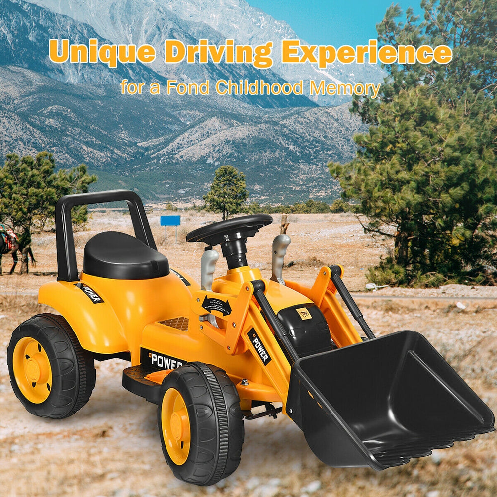 Kids ride-on excavator digger in yellow with realistic front loader design, suitable for various terrains and safe.
