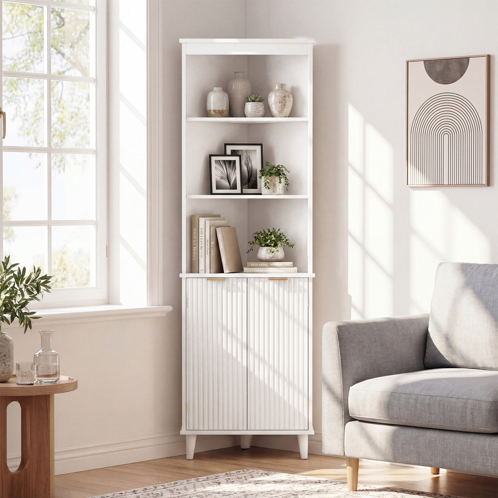 Tall white bathroom storage cabinet with fluted doors, featuring 3 open shelves and a secure cabinet, ideal for small.