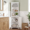 68-inch tall white bathroom storage cabinet with fluted doors, featuring 3 open shelves and a secure cabinet for.