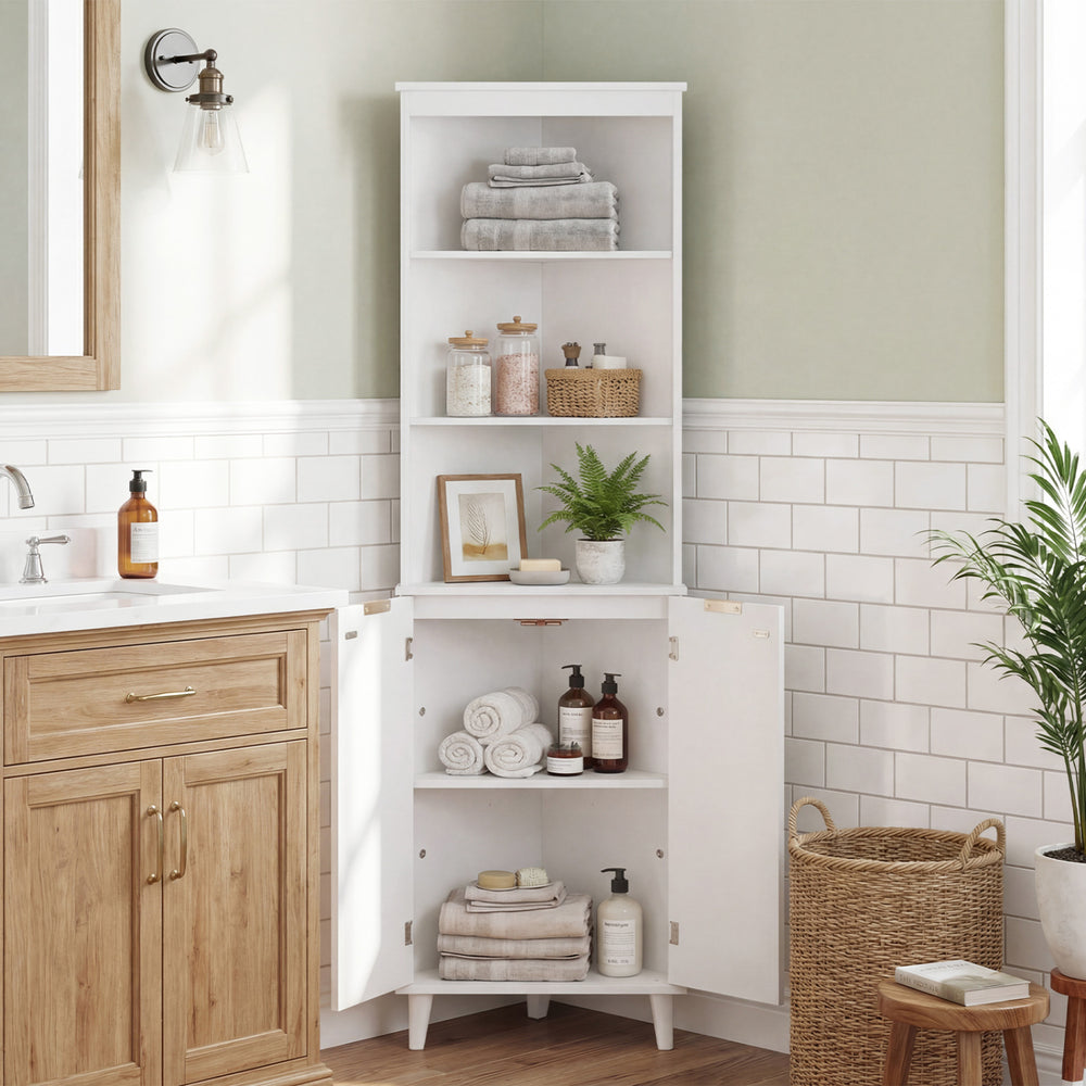 68-inch tall white bathroom storage cabinet with fluted doors, featuring 3 open shelves and a secure cabinet for.