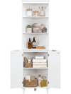 Tall white bathroom storage cabinet with fluted doors, featuring 3 open shelves and a cabinet for versatile.