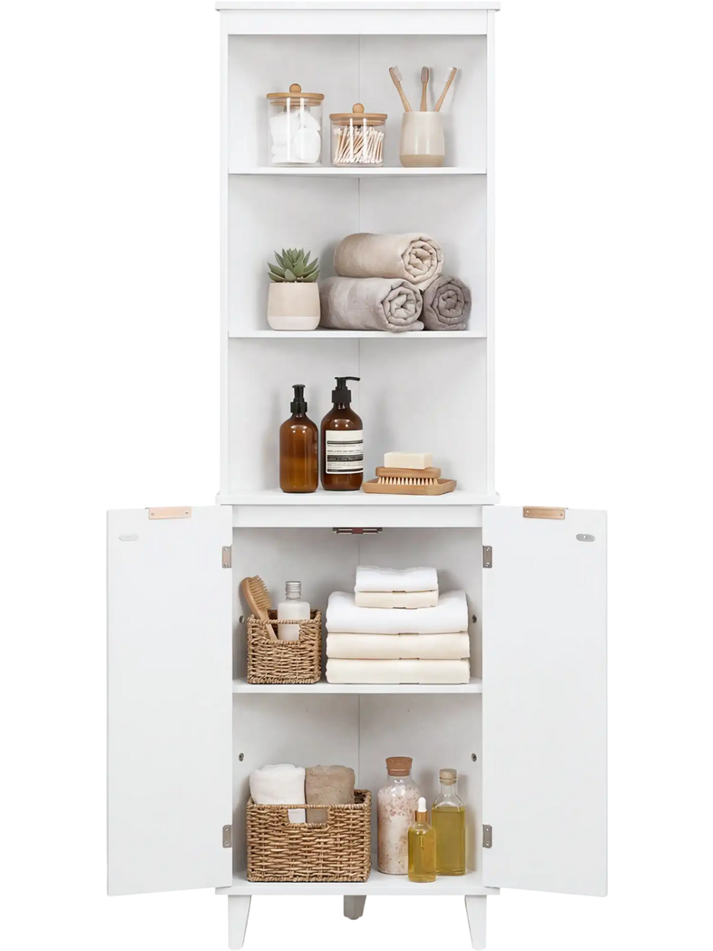 Tall white bathroom storage cabinet with fluted doors, featuring 3 open shelves and a cabinet for versatile.
