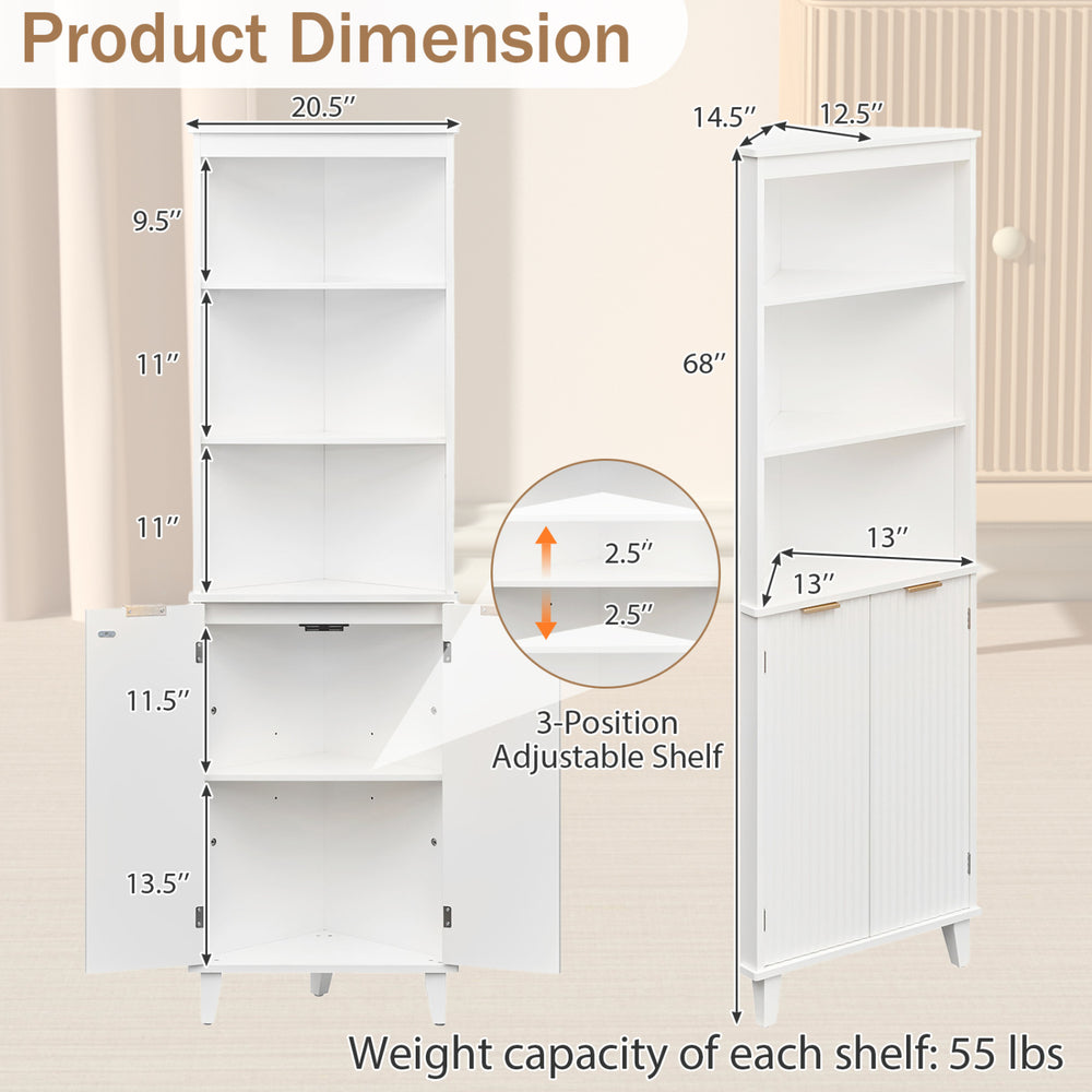 Dimensions of the 68-inch tall white bathroom storage cabinet, showcasing shelf heights and weight capacity for.