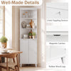 Tall white bathroom storage cabinet with fluted doors, featuring three shelves and rubber wood legs for stylish.