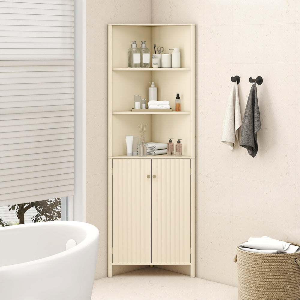 Beige 68-inch tall corner cabinet with 5 shelves and 2 fluted doors, perfect for space-saving bathroom storage.