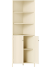 Tall beige corner cabinet with 5 shelves and 2 fluted doors, perfect for space-saving storage in bathrooms or kitchens.