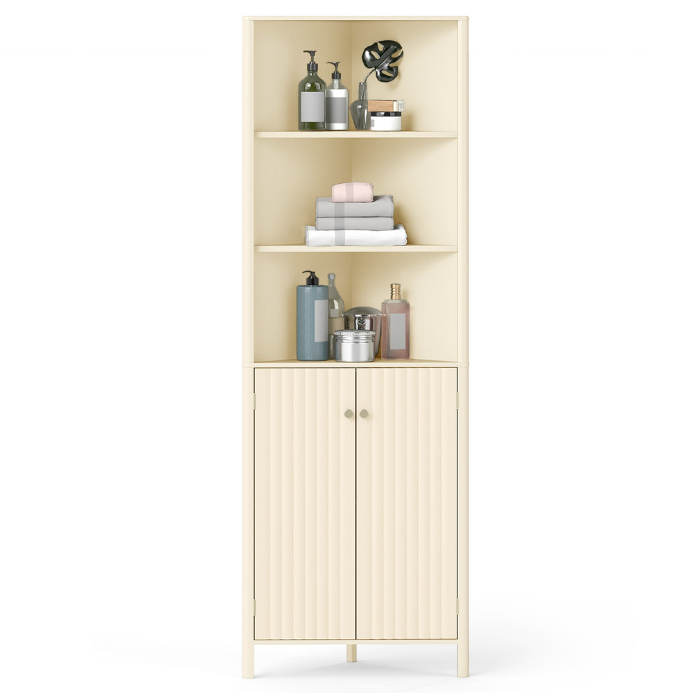 Beige 68-inch tall corner cabinet with 5 shelves and 2 fluted doors, perfect for bathroom storage solutions.