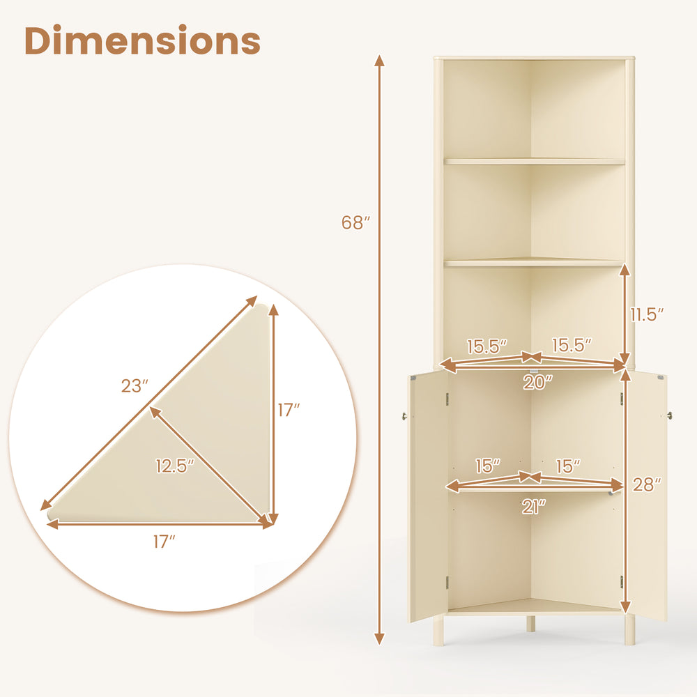 68-inch tall beige corner cabinet with 5 shelves and fluted doors, perfect for space-saving storage in small areas.
