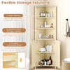 68-inch tall beige corner cabinet with 5 shelves, 2 fluted doors, and adjustable shelf for versatile storage solutions.