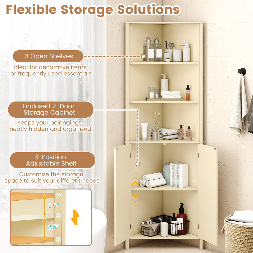 68-inch tall beige corner cabinet with 5 shelves, 2 fluted doors, and adjustable shelf for versatile storage solutions.