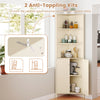 68-inch tall beige corner cabinet with 5 shelves and fluted doors, featuring anti-toppling kits for added safety.