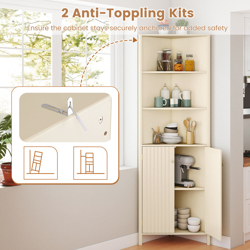 68-inch tall beige corner cabinet with 5 shelves and fluted doors, featuring anti-toppling kits for added safety.
