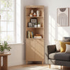 68-inch tall corner cabinet with fluted doors, oak finish, featuring 3 open shelves and a secure cabinet for stylish.