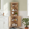 68-inch tall corner cabinet with fluted doors, oak finish, featuring 3 open shelves and a secure cabinet for bathroom.