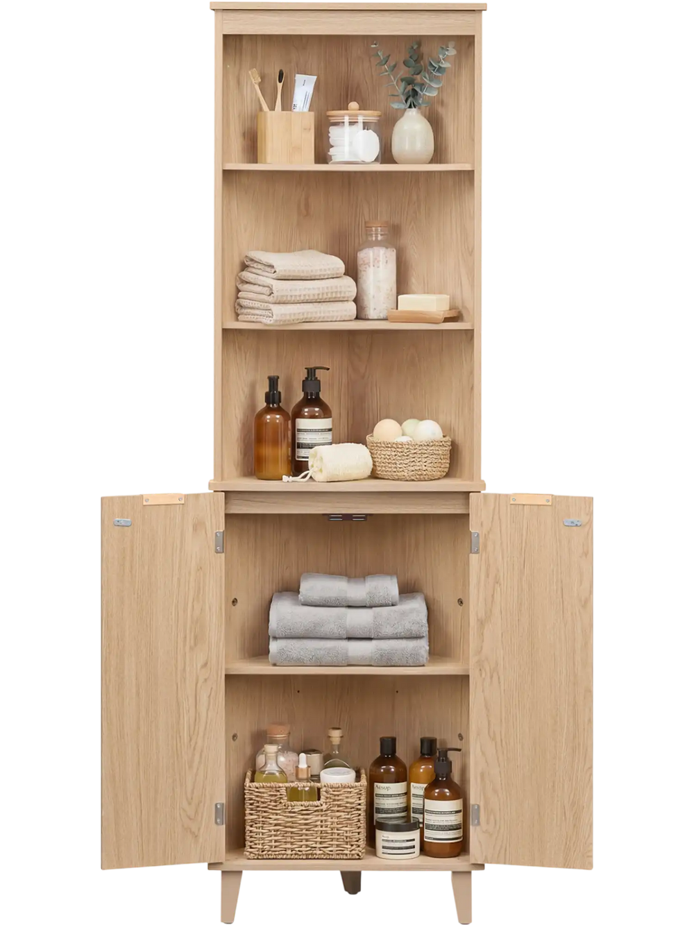 68-inch tall corner cabinet in oak with fluted doors, featuring 3 open shelves and a secure cabinet for stylish storage.