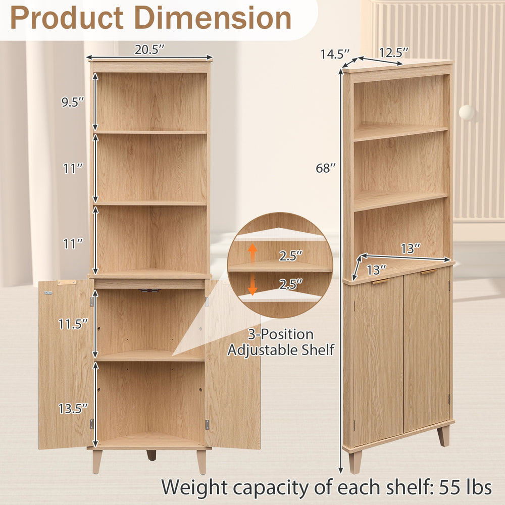 68-inch tall corner cabinet with fluted doors, featuring 3 open shelves and sturdy rubber wood legs for stylish storage.