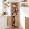 68-inch tall corner cabinet with fluted doors, oak finish, featuring 3 open shelves and a secure cabinet for versatile.