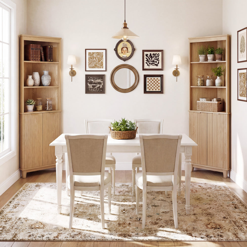 Corner cabinet with fluted doors in oak, featuring 3 open shelves and a cabinet, ideal for stylish bathroom storage.