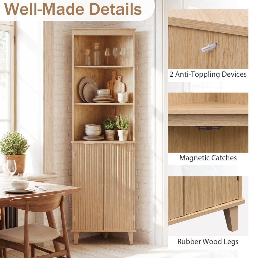 68-inch tall corner cabinet with fluted doors, rubber wood legs, and 3 shelves for stylish bathroom or living room.
