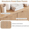 Fluted door panels of the 68-inch tall corner cabinet in oak, featuring a stylish metal handle for contemporary decor.