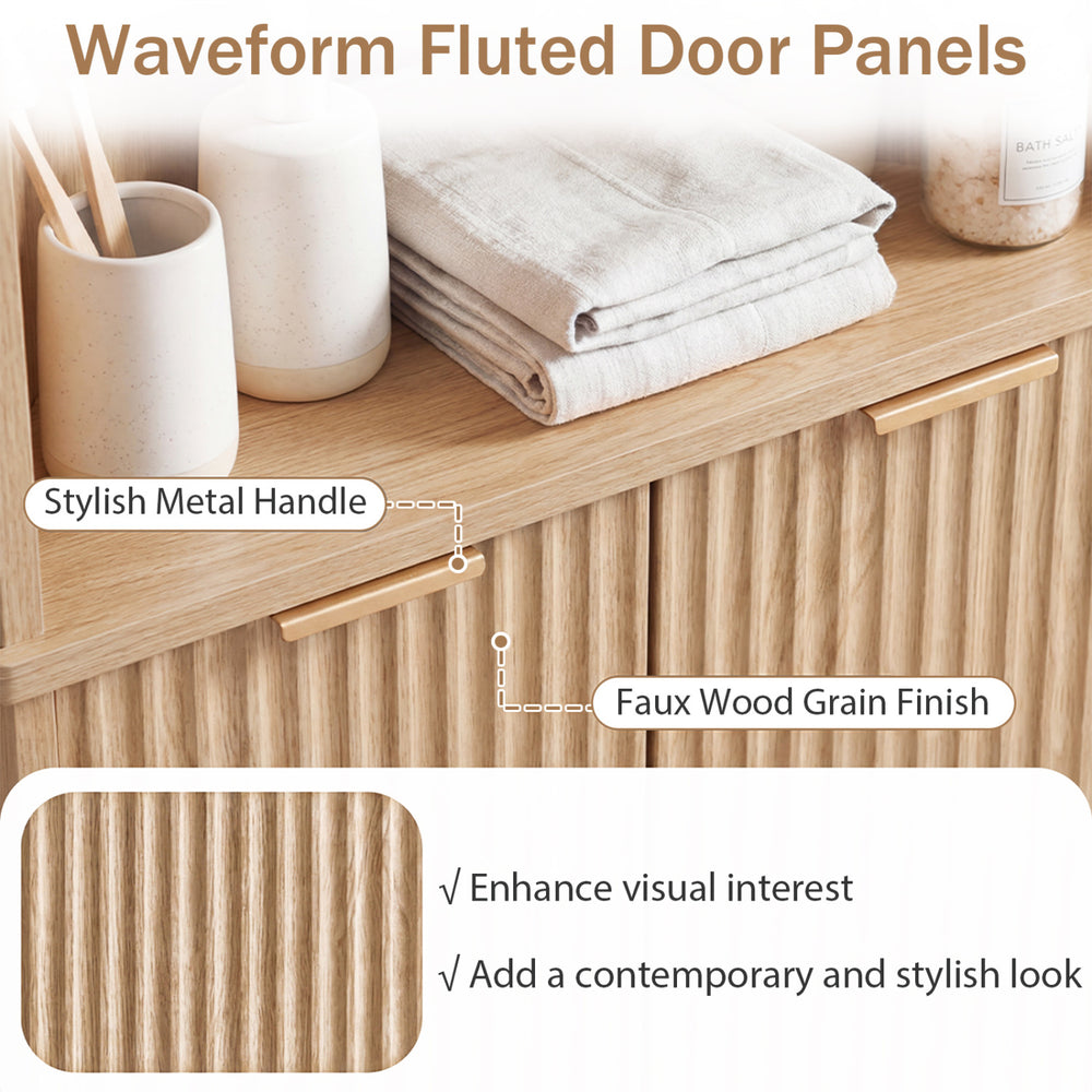 Fluted door panels of the 68-inch tall corner cabinet in oak, featuring a stylish metal handle for contemporary decor.