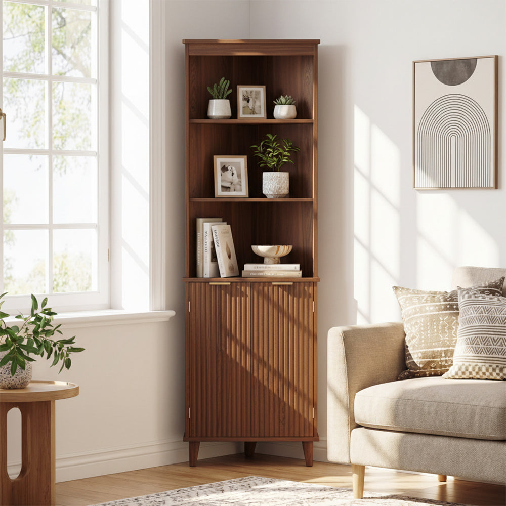 68 Inch Tall Corner Cabinet with Fluted Doors for Bathroom-Walnut - Gallery View 1 of 11