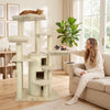 Interactive scene of a woman petting a rabbit beside a 68-inch beige cat tree with multiple levels and a cozy hammock.
