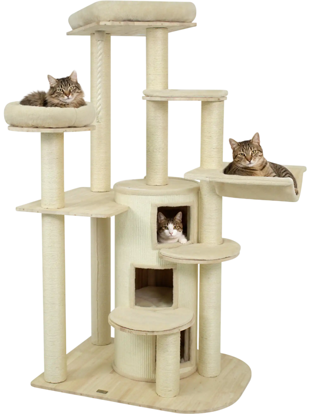 Wooden 68-inch cat tree in beige features a 3-story condo, hammock, and multiple scratching posts for playful kittens.