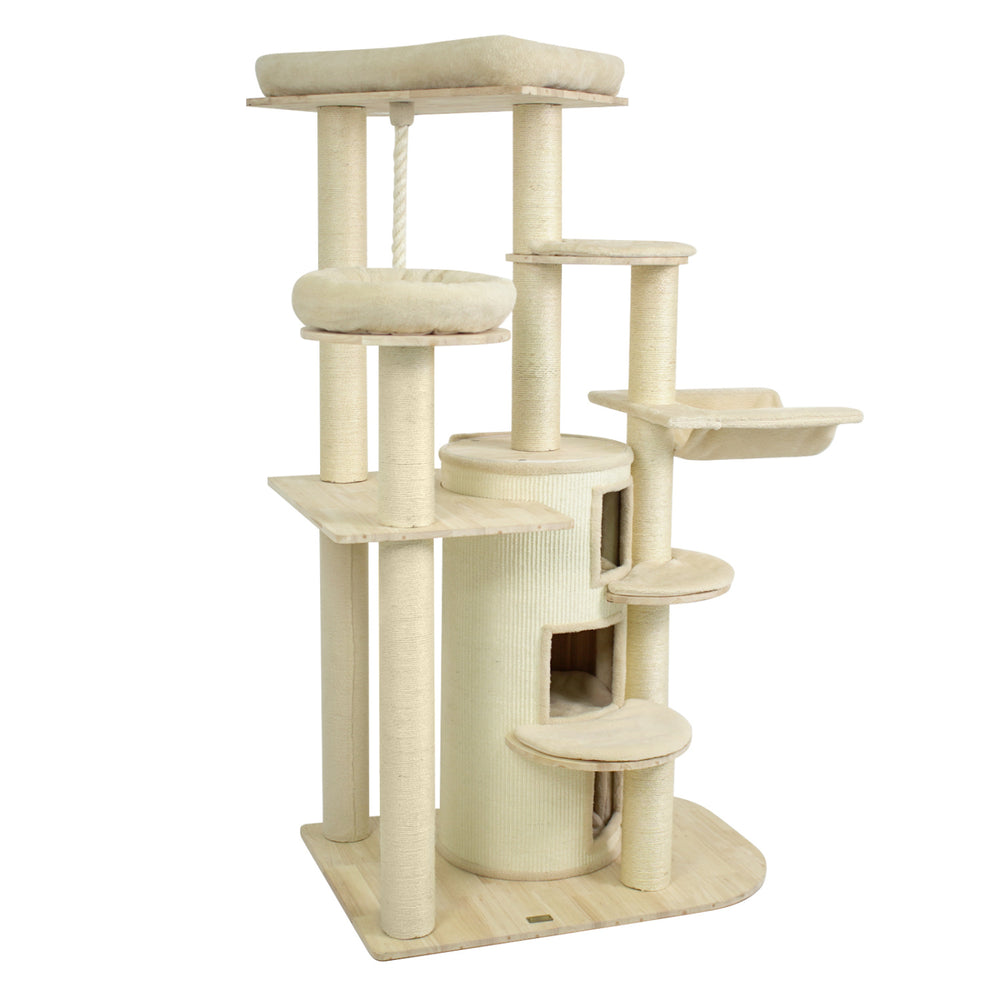 Wooden cat tree with 3-story condo, hammock, and sisal scratching posts, perfect for climbing and relaxing in beige.