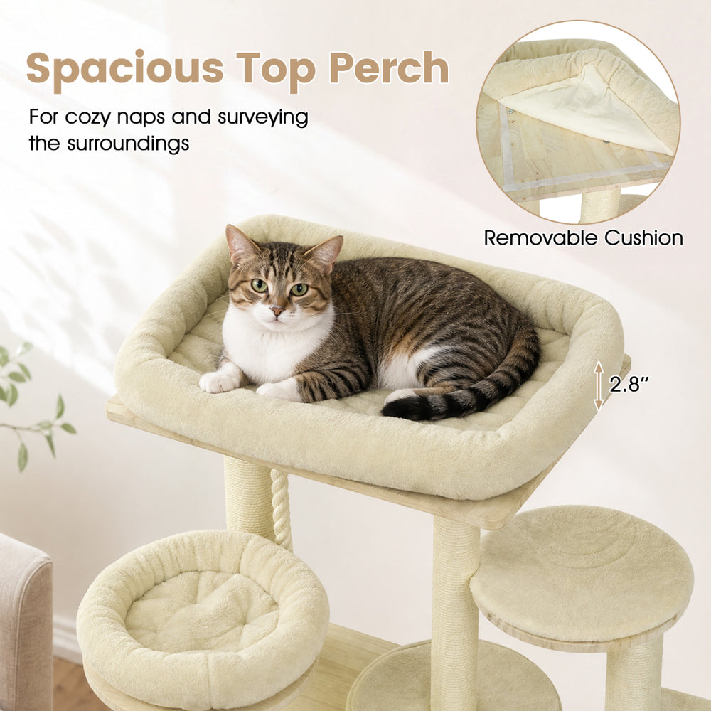 Spacious top perch with 2.8" removable cushion on a 68-inch beige wooden cat tree for cozy naps and exploration.