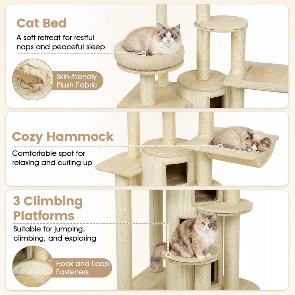 Three-story beige cat tree featuring a cozy hammock, plush cat bed, and climbing platforms for playful exploration.
