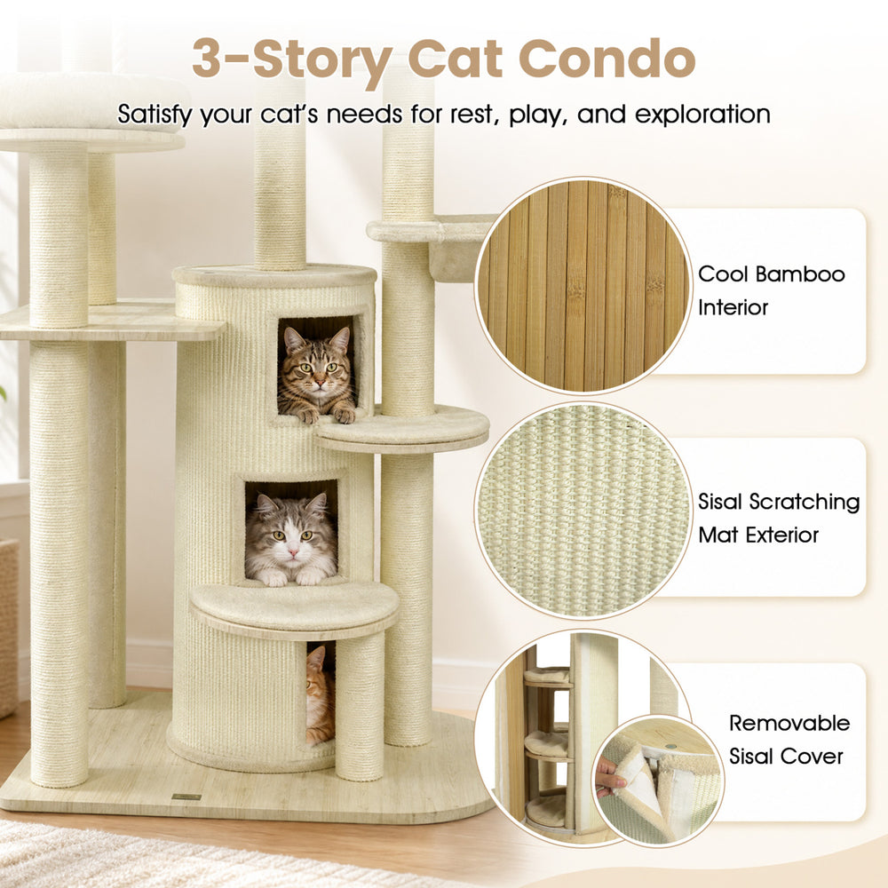 Three-story cat condo with a bamboo interior, sisal scratching mat, and hammock for playful kittens and cozy naps.
