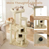Three-story beige cat tree with hammock and plush cushions, featuring sisal scratching posts and anti-slip foot pads.