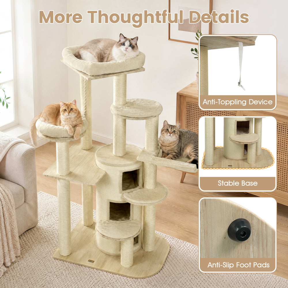 Three-story beige cat tree with hammock and plush cushions, featuring sisal scratching posts and anti-slip foot pads.