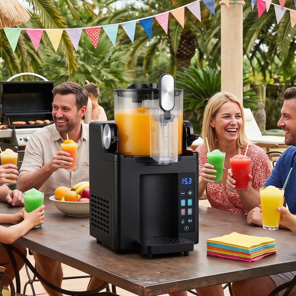 The 68 oz Frozen Drink Maker in black creates slushies and ice cream quickly, perfect for outdoor gatherings.