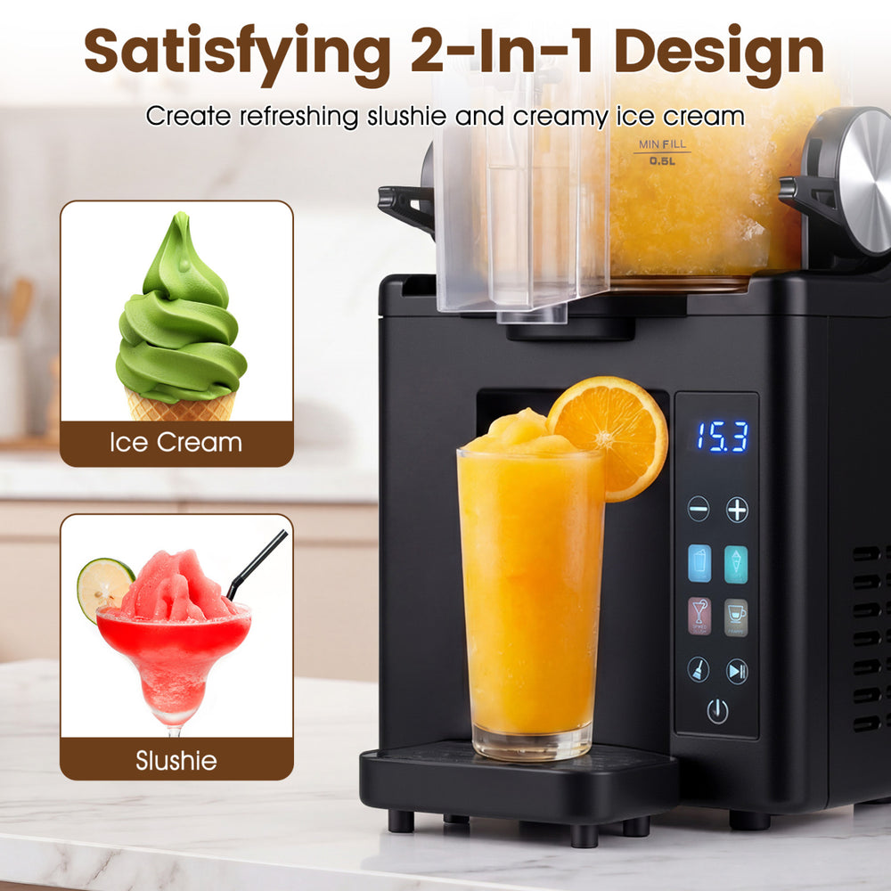Frozen drink maker in black with 68 oz capacity, designed for making ice cream and slushies in just three steps.