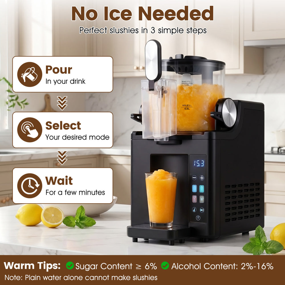 Frozen drink maker in black with 68 oz capacity, perfect for slushies and ice cream in just three easy steps.