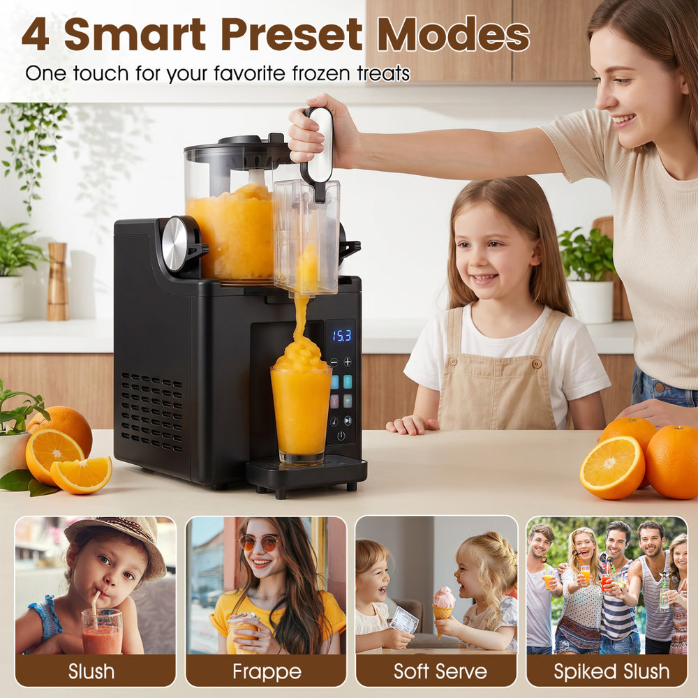 Frozen drink maker in black with 68 oz capacity, featuring 4 preset modes for slush, soft serve, and frappe.
