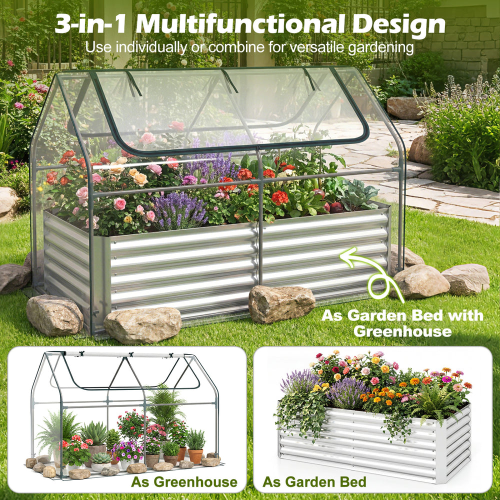 Galvanized raised garden bed with cover, featuring roll-up windows and breathable mesh, ideal for versatile gardening.