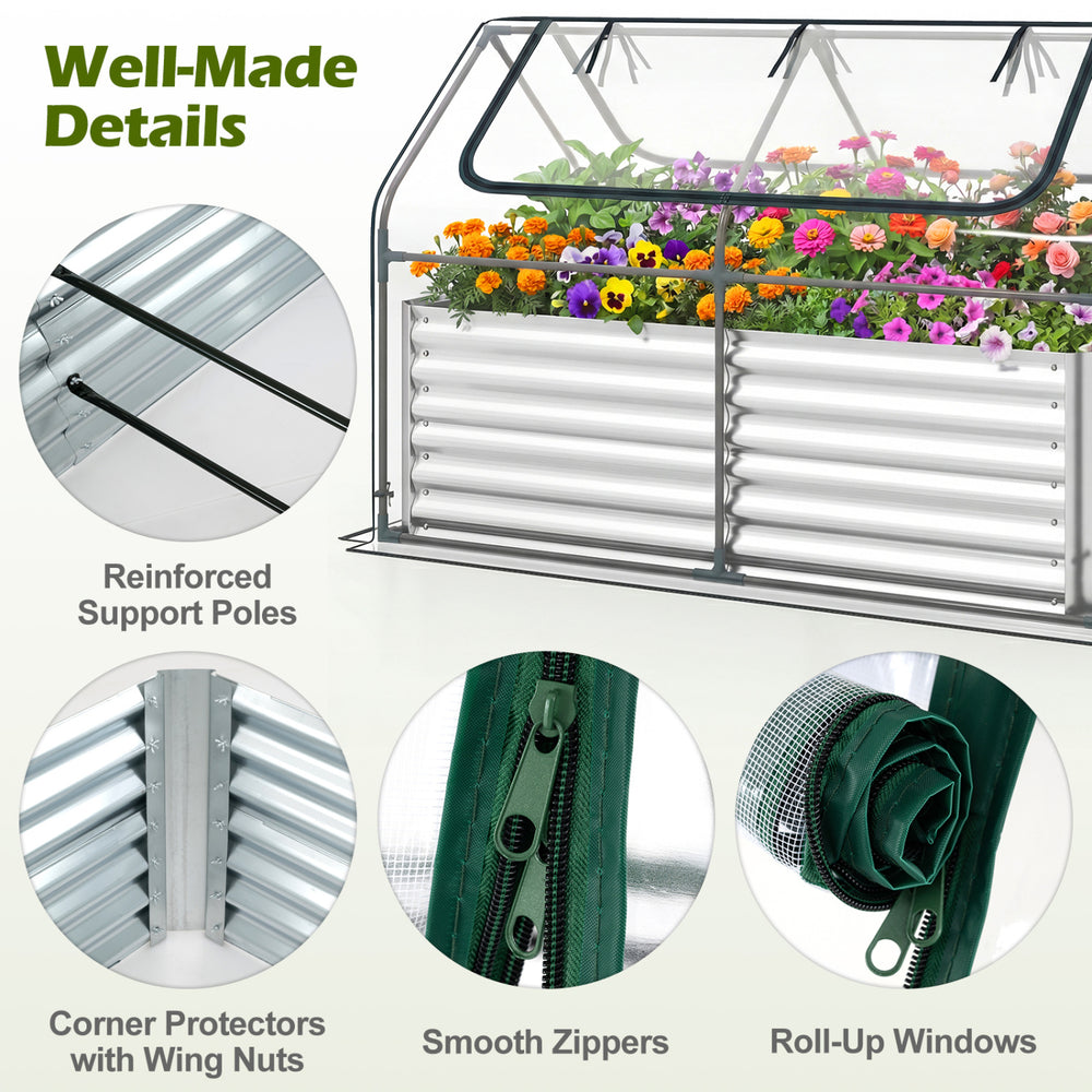 Close-up of the galvanized raised garden bed's reinforced support poles and smooth zippers, featuring a PVC cover for.