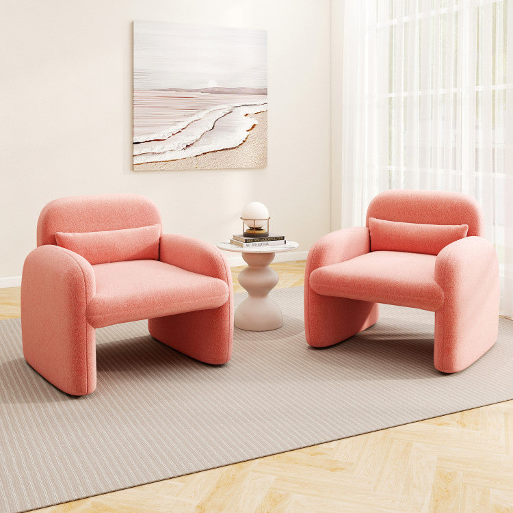 Modern accent chairs with sherpa upholstery and a marble top side table, perfect for living rooms or offices.