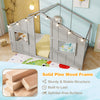 Twin size house bed in grey with LED lights, solid pine wood frame, and open windows for playful sleep space.