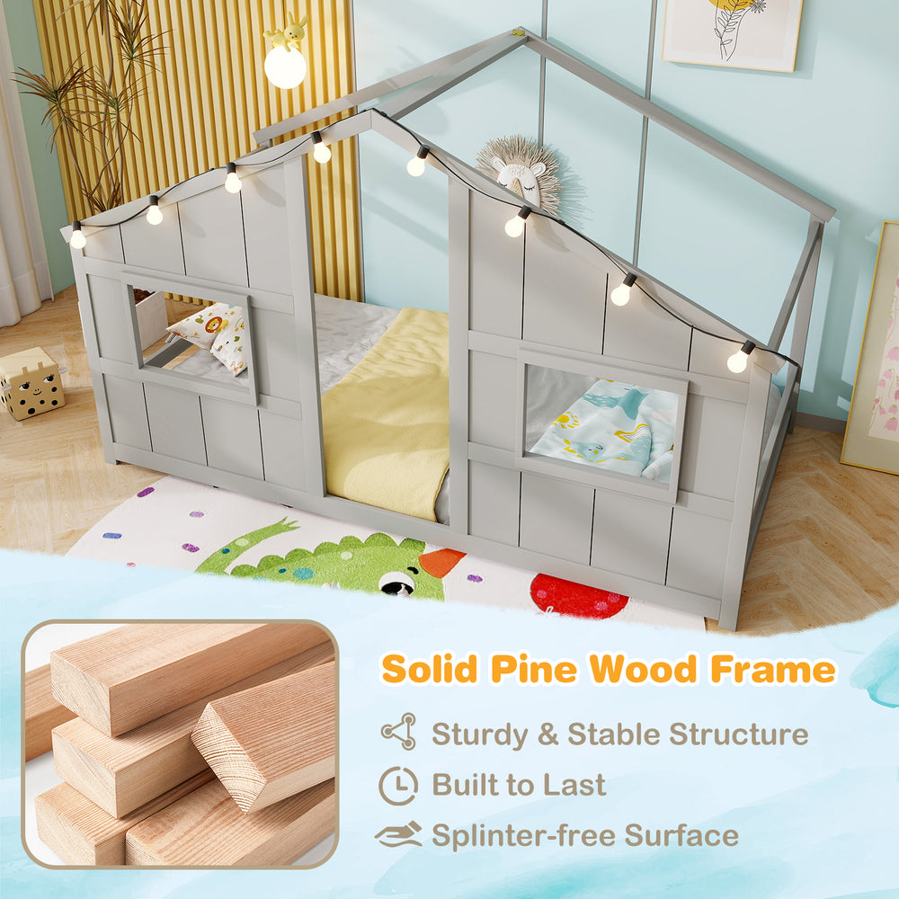 Twin size house bed in grey with LED lights, solid pine wood frame, and open windows for playful sleep space.