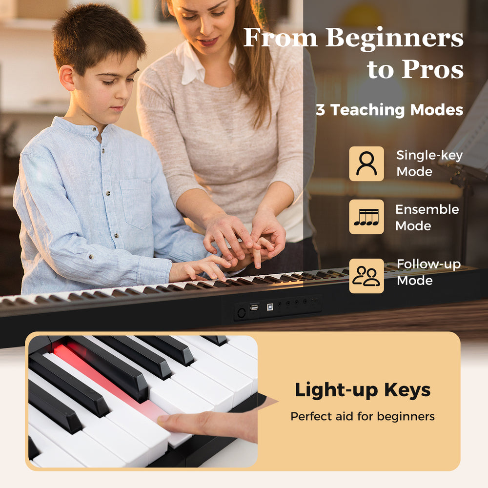 Portable 88-key foldable piano keyboard with light-up keys, ideal for beginners, featuring three teaching modes.