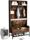 Rustic brown 69-inch tall hall tree with coat rack, shoe storage, and cushioned bench, ideal for entryway organization.