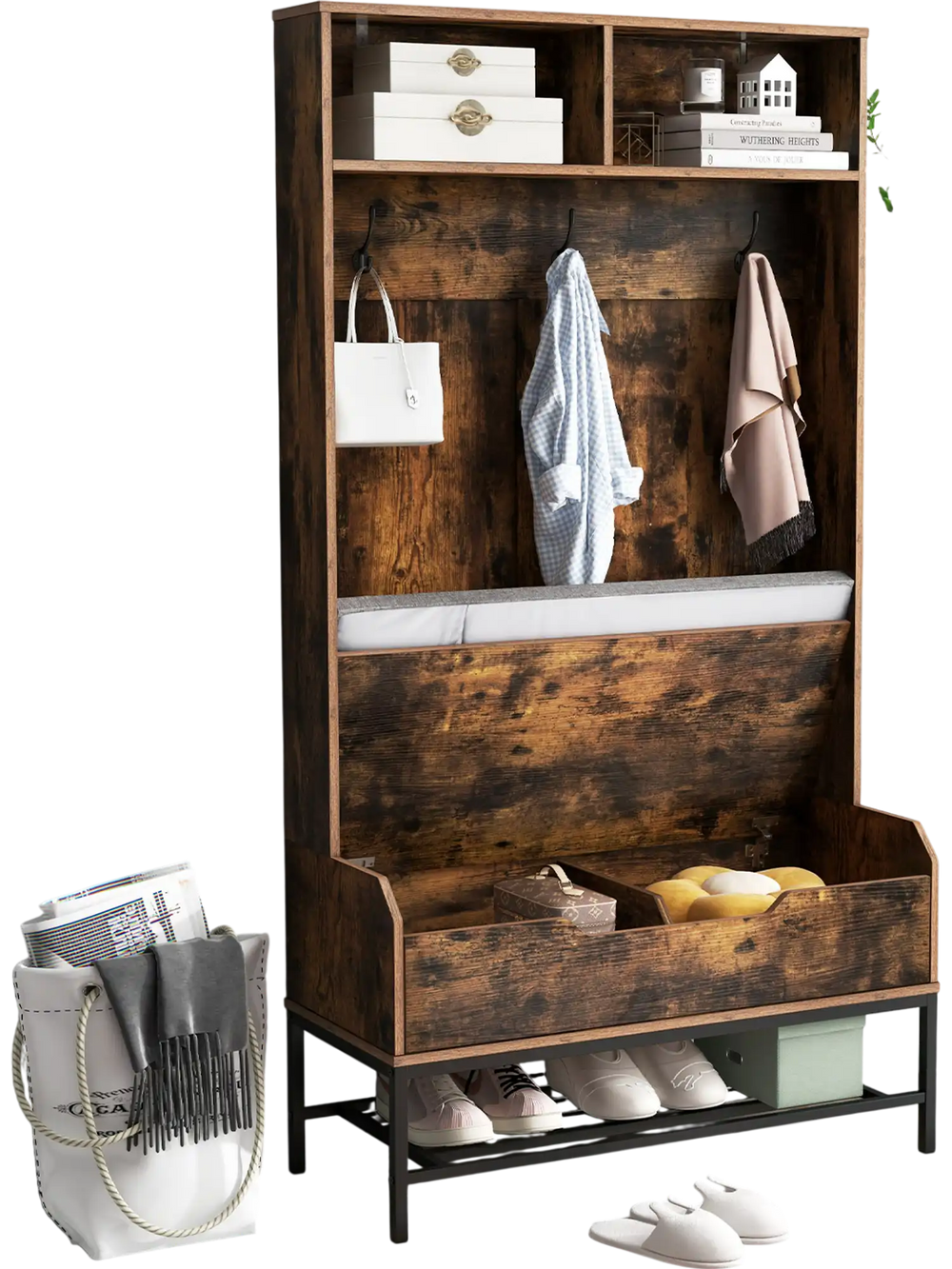 Rustic brown 69-inch tall hall tree with coat rack, shoe storage, and cushioned bench, ideal for entryway organization.